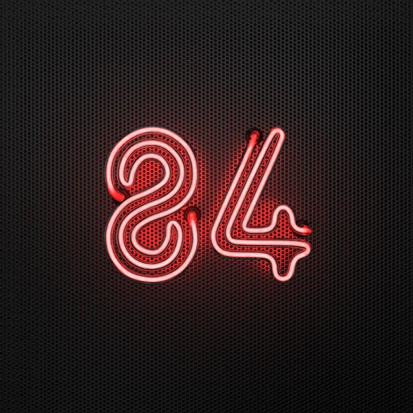 Zářící Červený Neon Číslo Číslo Osmdesát Čtyři Perforovaném Kovovém Pozadí — Stock fotografie