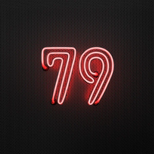 Glowing Red Neon Number Number Seventy Nine Perforated Metal Background — Stock Photo, Image