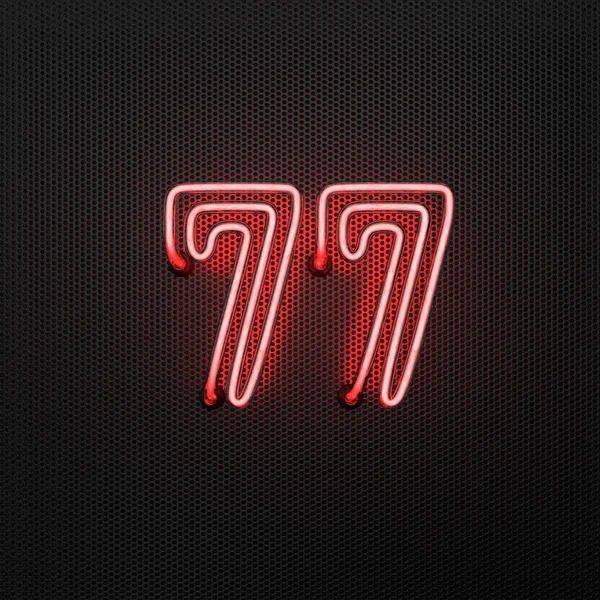 Žhnoucí Červený Neon Číslo Číslo Sedmdesát Sedm Perforovaném Kovovém Pozadí — Stock fotografie
