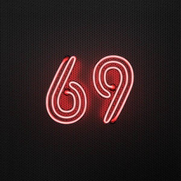 Glowing Red Neon Number Number Sixty Nine Perforated Metal Background — Stock Photo, Image