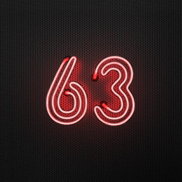 Glowing Red Neon Number Number Sixty Three Perforated Metal Background — Stock Photo, Image