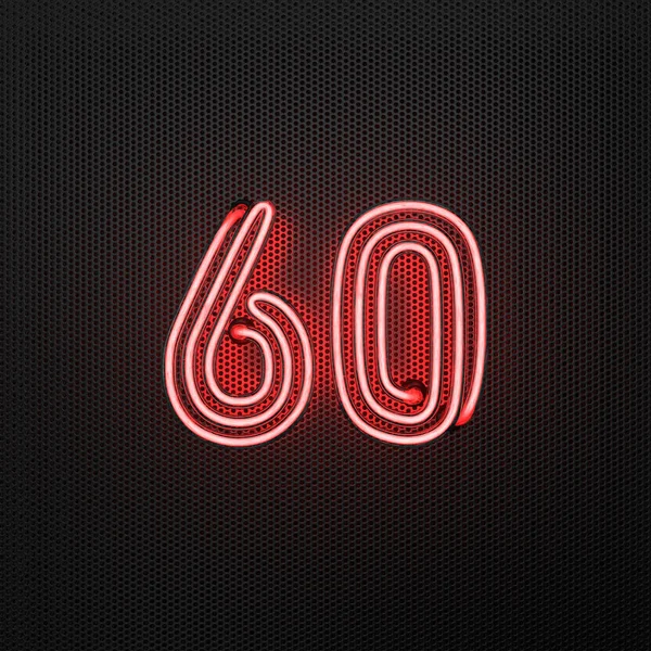 Leuchtend Rote Neonzahl Zahl Sechzig Auf Einem Perforierten Metallgrund Illustration — Stockfoto