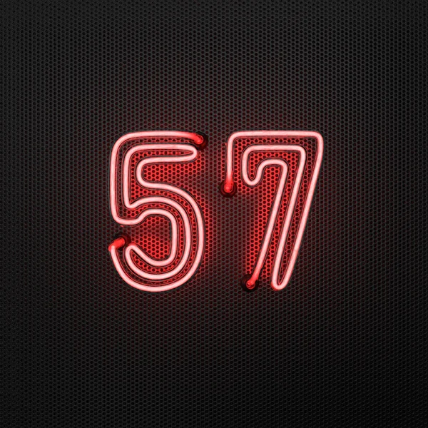 Glowing Red Neon Number Number Fifty Seven Perforated Metal Background — Stock Photo, Image