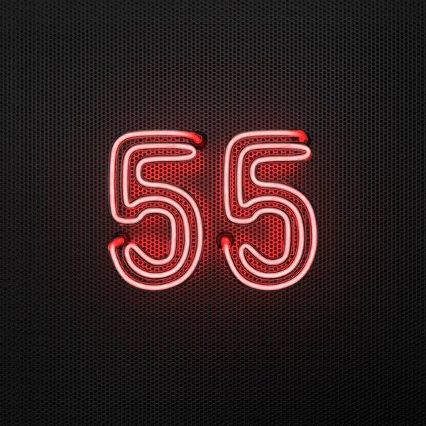 Leuchtend Rote Neonzahl Zahl Fünfundfünfzig Auf Einem Perforierten Metallhintergrund Illustration — Stockfoto