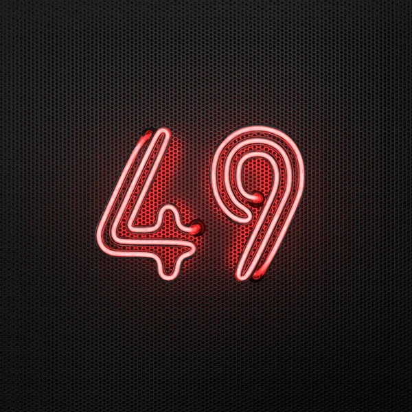 Glowing red neon number 49 (number forty-nine) on a perforated metal background. 3D illustration