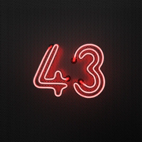 Glödande Röd Neon Nummer Nummer Fyrtiotre Perforerad Metallbakgrund Illustration — Stockfoto