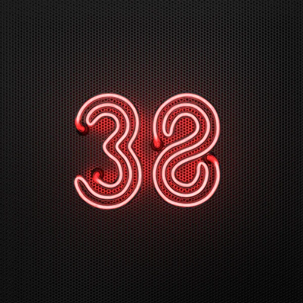 Leuchtend Rote Neonzahl Zahl Auf Einem Perforierten Metallhintergrund Illustration — Stockfoto