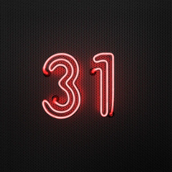Leuchtend Rote Neonzahl Nummer Auf Einem Perforierten Metallhintergrund Illustration — Stockfoto