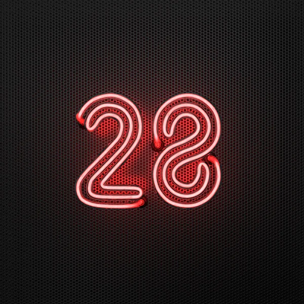 Świecący Czerwony Neon Numer Numer Dwadzieścia Osiem Perforowanym Metalowym Tle — Zdjęcie stockowe