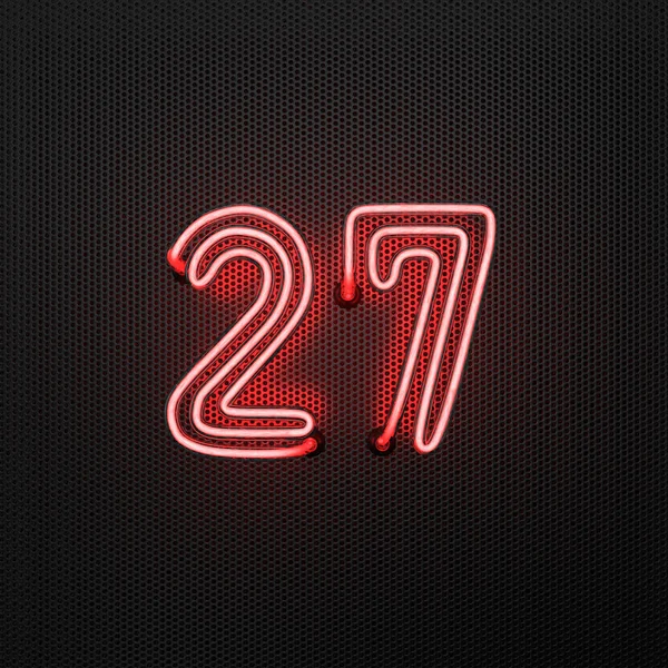 Glowing Red Neon Number Number Twenty Seven Perforated Metal Background — Stock Photo, Image