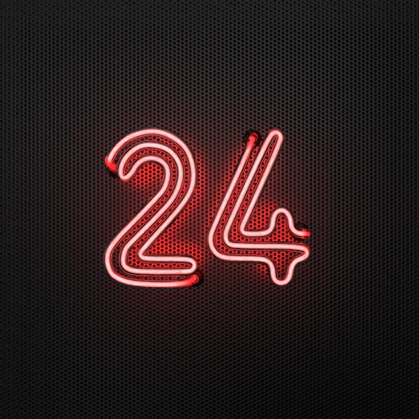 Leuchtend Rote Neonzahl Zahl Vierundzwanzig Auf Einem Perforierten Metallgrund Illustration — Stockfoto