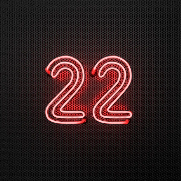 在有穿孔的金属背景上发出红色的霓虹灯22号 第22号 3D插图 — 图库照片