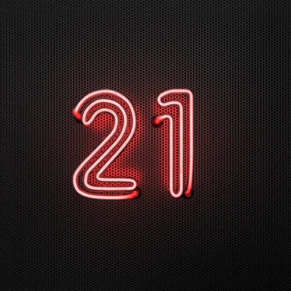 Glowing Red Neon Number Number Twenty One Perforated Metal Background — Stock Photo, Image