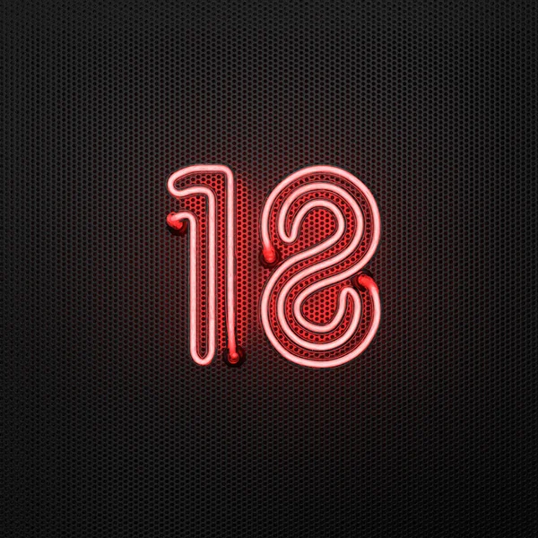 Glowing Red Neon Number Number Eighteen Perforated Metal Background Illustration — Stock Photo, Image