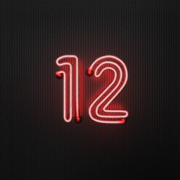 Zářící Červený Neon Číslo Číslo Dvanáct Perforovaném Kovovém Pozadí Ilustrace — Stock fotografie