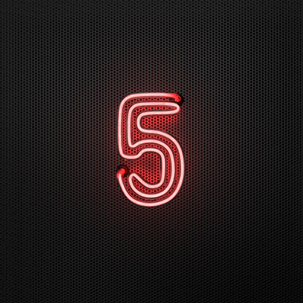 Glödande Röd Neon Nummer Nummer Fem Perforerad Metallbakgrund Illustration — Stockfoto