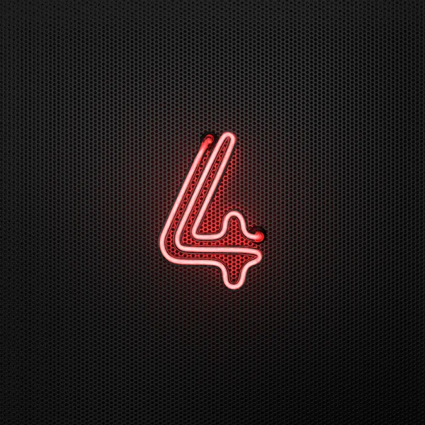 Zářící Červený Neon Číslo Číslo Čtyři Perforovaném Kovovém Pozadí Ilustrace — Stock fotografie