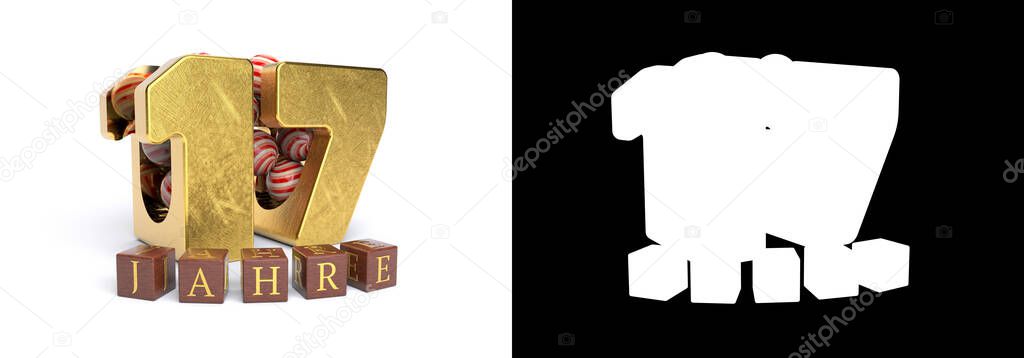 Inscription in German 17 years, consisting of a gold number seventeen and round candies filling the number 17 on a white background with shadow and alpha channel. 3D illustration