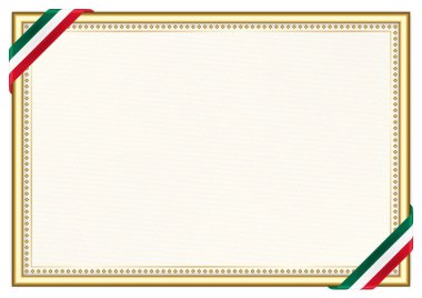 Meksika bayrağı ile yatay çerçeve ve sınır, sertifika ve diploman için şablon unsurları. Vektör.