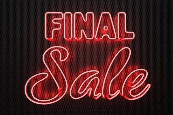 Final sale sign with red neon light on a perforated black metal background. 3D illustration