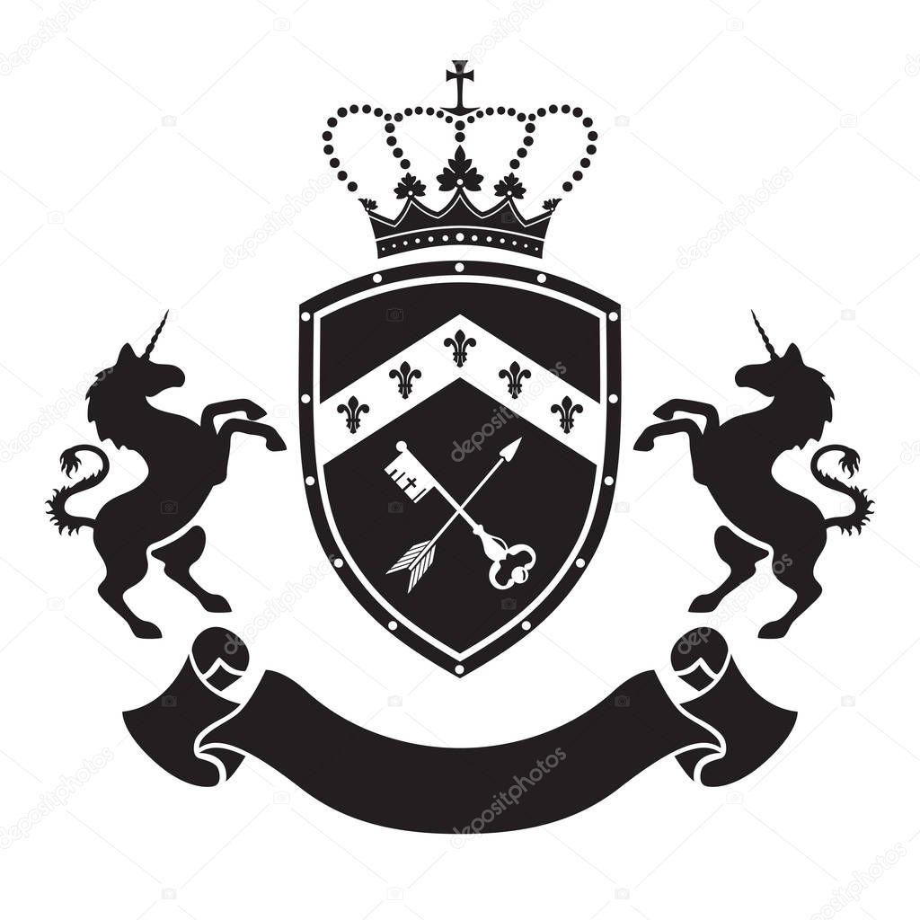 Coat of arms - shield with crown, key and arrow, two standing unicorns at sides. Based on and inspired by old heraldry.