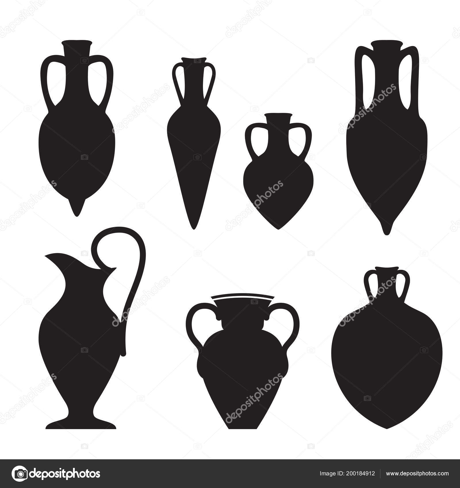 Set Different Shape Greek Roman Amphoras Silhouettes Stock