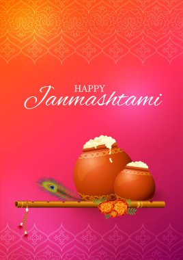 Flüt, tereyağı tencere ve tavus kuşu tüyü ile mutlu Krishna Janmashtami tebrik kartı