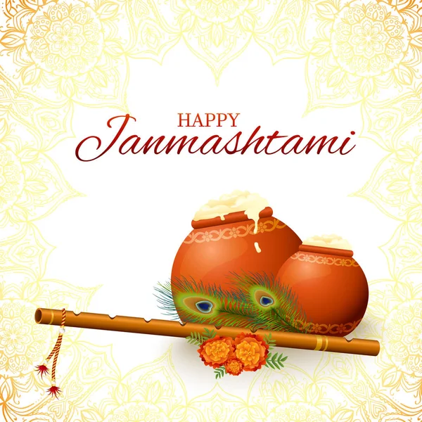 Happy Blahopřání Krishna Janmashtami Flétnu Máslo Hrnce Pavích — Stockový vektor