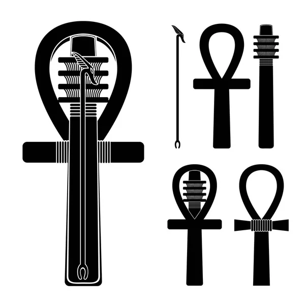 Conjunto Siluetas Egipto Antiguo Ankh Djed Cetro Diferentes Formas — Vector de stock