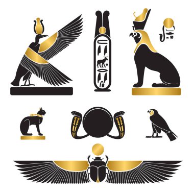 Antik Mısır silhouettes - dizi Nekhbet griffon, göz Horus ve Ra, bast olarak kedi gözü