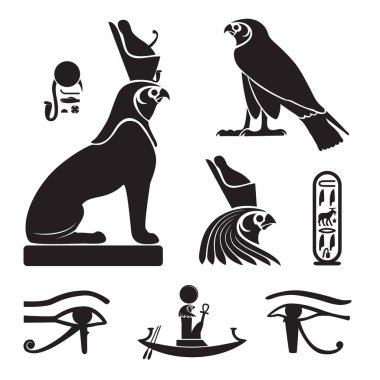 Antik Mısır silhouettes - göz Horus, Horus aslan ve şahin, Güneş mavna ve kalıbı olarak dizi