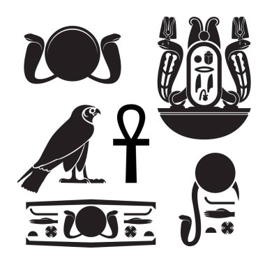 Antik Mısır siluetleri - Ra göz, Horus Şahin, boynuzlu engerekler, ankh, Mısır hiyeroglif sembol olarak ayarla