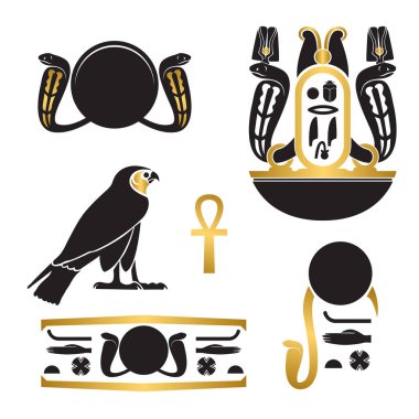 Antik Mısır siluetleri - Ra göz, Horus Şahin, boynuzlu engerekler, ankh, Mısır hiyeroglif sembol olarak ayarla