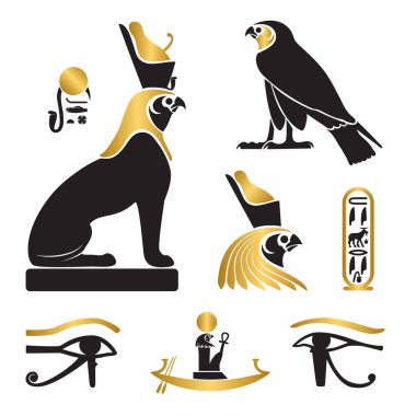 Antik Mısır silhouettes - göz Horus, Horus aslan ve şahin, Güneş mavna ve kalıbı olarak dizi