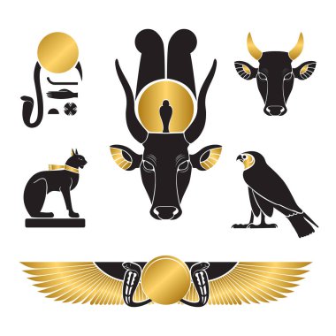 Antik Mısır silhouettes - Ra göz Horus Şahin, kedi, inek olarak Hathor olarak bast olarak dizi