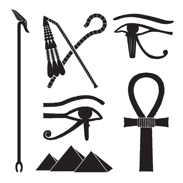 Antike Ägyptische Silhouetten Gauner Und Dreschflegel Zepter Horusauge Und Pyramiden — Stockvektor