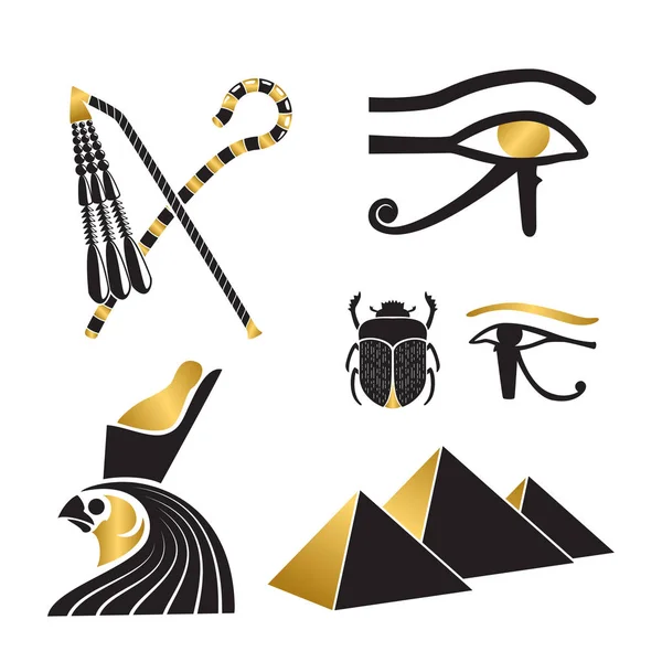 Set Antiche Sagome Egitto Crook Flail Scarabeo Occhio Horus Piramidi — Vettoriale Stock