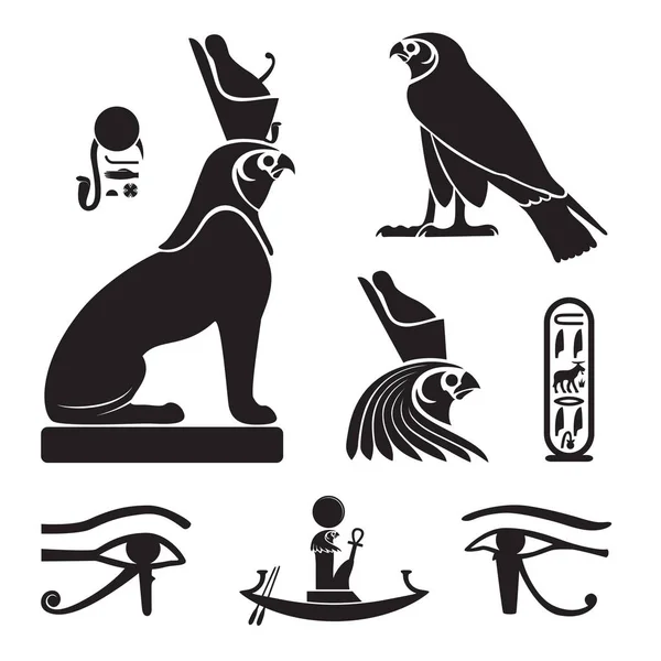 ライオンや鷹 太陽はしけカルトゥーシュとホルス古代エジプト シルエット ホルスの目のセット — ストックベクタ