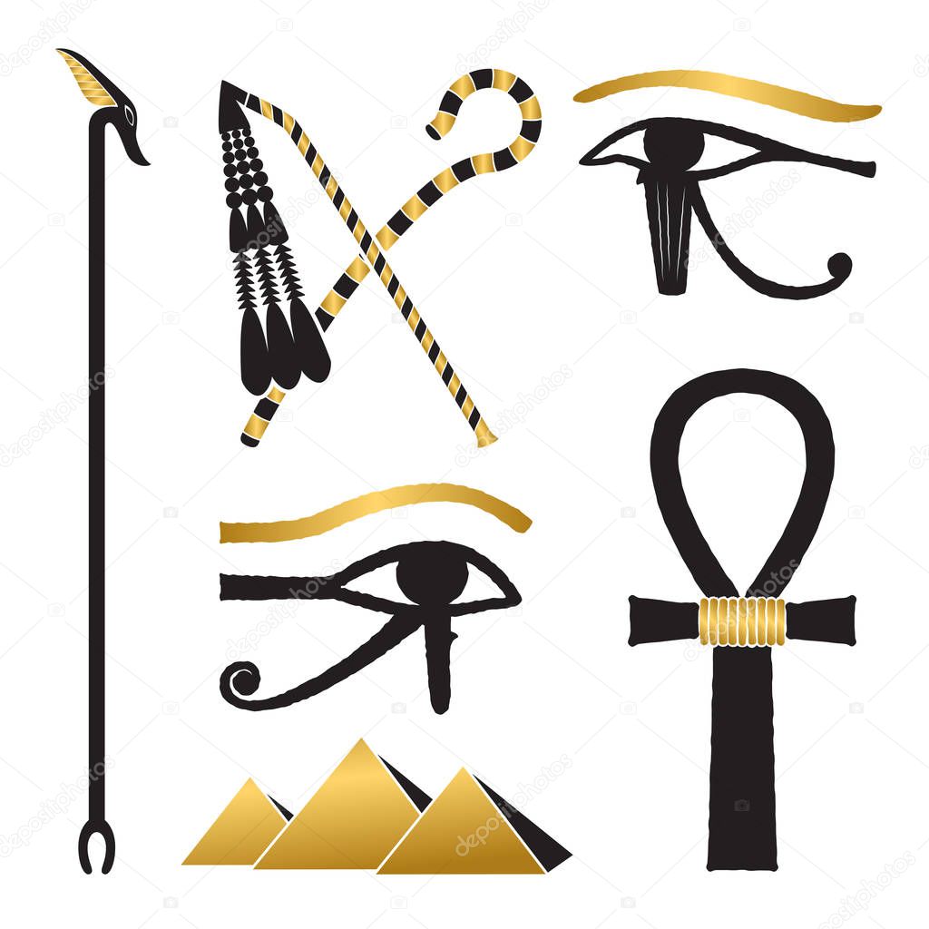 Set of ancient egypt silhouettes - The Crook and Flail, was-scepter, eye of horus and pyramids
