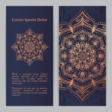 Düğün davetiyesi, teşekkür kartı, modern kabile süsleme arka planda derin deniz mavi ve bakır rengi. Vektör zarif şablonu