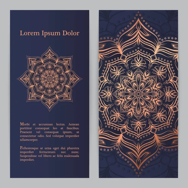 Düğün davetiyesi, teşekkür kartı, modern kabile süsleme arka planda derin deniz mavi ve bakır rengi. Vektör zarif şablonu