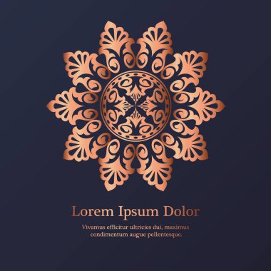 Düğün davetiyesi, teşekkür kartı, modern mandala süsleme arka planda derin deniz mavi ve bakır rengi. Vektör zarif şablonu