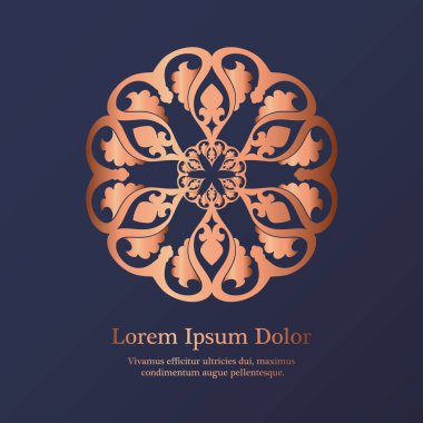 Düğün davetiyesi, teşekkür kartı, modern mandala süsleme arka planda derin deniz mavi ve bakır rengi. Vektör zarif şablonu