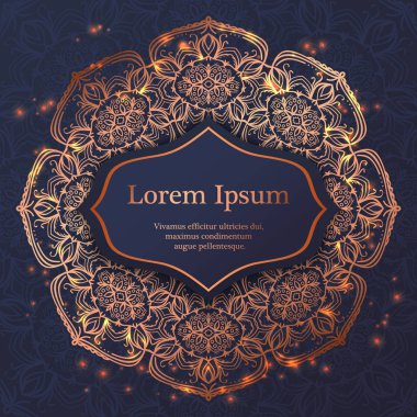 Düğün davetiyesi, teşekkür kartı, modern kabile süsleme arka planda derin deniz mavi ve bakır rengi. Vektör zarif şablonu