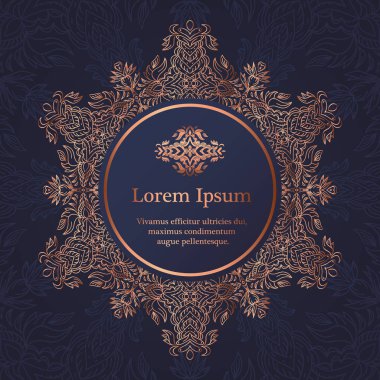 Düğün davetiyesi, teşekkür kartı, modern kabile süsleme arka planda derin deniz mavi ve bakır rengi. Vektör zarif şablonu