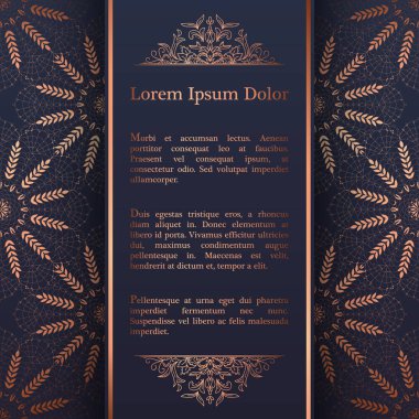 Düğün davetiyesi, teşekkür kartı, modern kabile süsleme arka planda derin deniz mavi ve bakır rengi. Vektör zarif şablonu