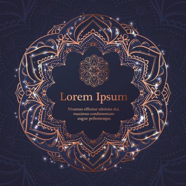 Düğün davetiyesi, teşekkür kartı, modern kabile süsleme arka planda derin deniz mavi ve bakır rengi. Vektör zarif şablonu