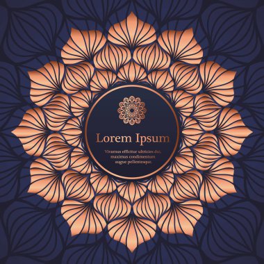 Düğün davetiyesi, teşekkür kartı, modern kabile süsleme arka planda derin deniz mavi ve bakır rengi. Vektör zarif şablonu