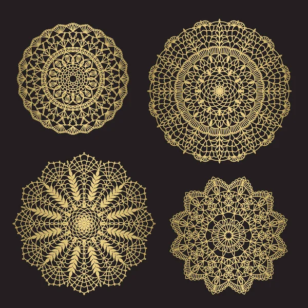 Colore Oro Rotondo Astratto Mandala Ornamento Etnico Tessuti Inviti Striscioni — Vettoriale Stock