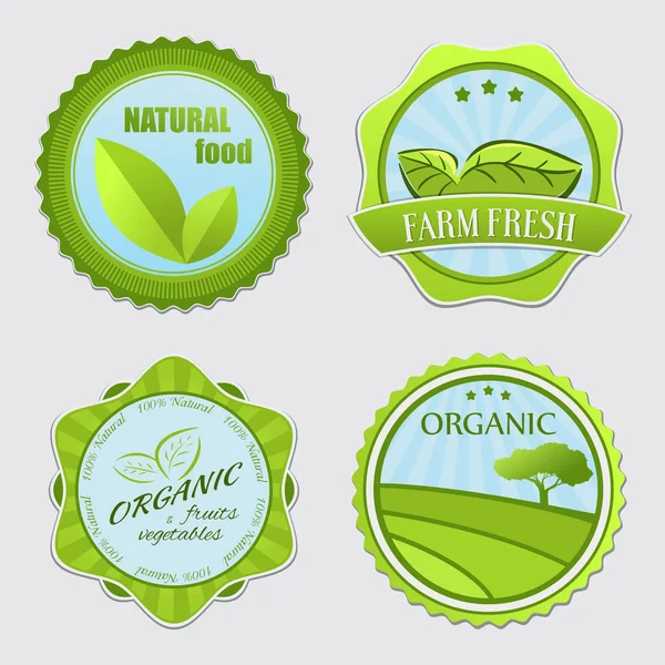 Etiquetas Alimentos Ecológicos Conjunto Tres Etiquetas — Archivo Imágenes Vectoriales